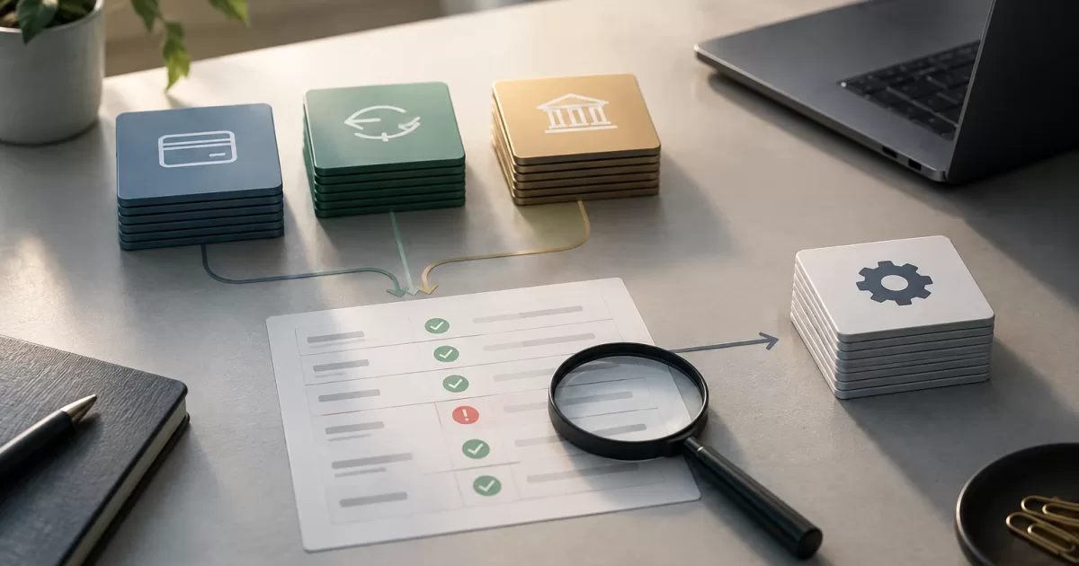 Diagrama de conciliación de pagos que compara registros internos con datos de liquidación y señala discrepancias para revisión