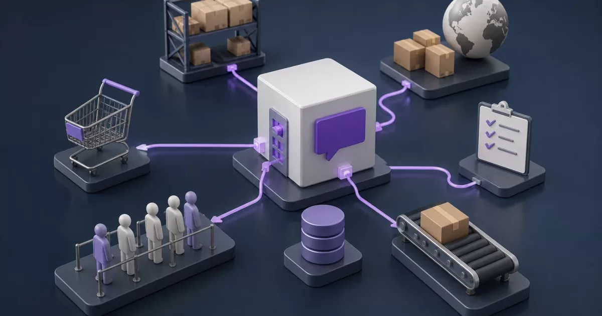 Diagrama editorial de WooCommerce conectado a ERP y almacén mediante reservas, colas de eventos y conciliación de stock
