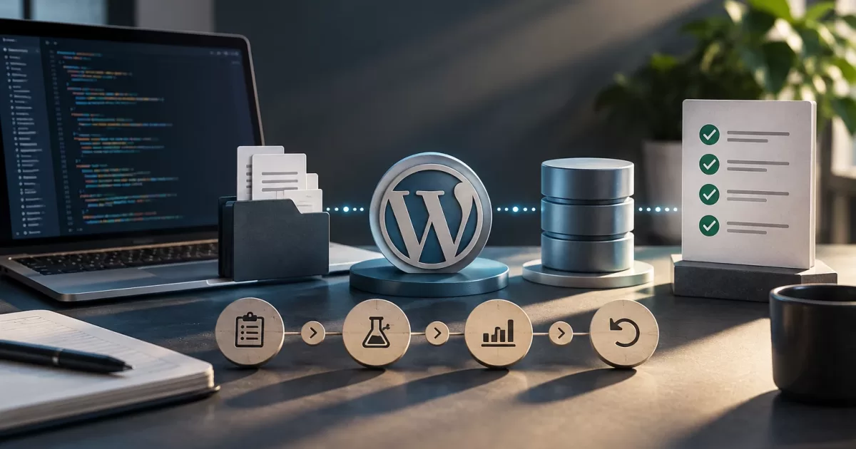 Diagramma operativo di un deployment WordPress con modifiche al codice e al database, test e ripristino