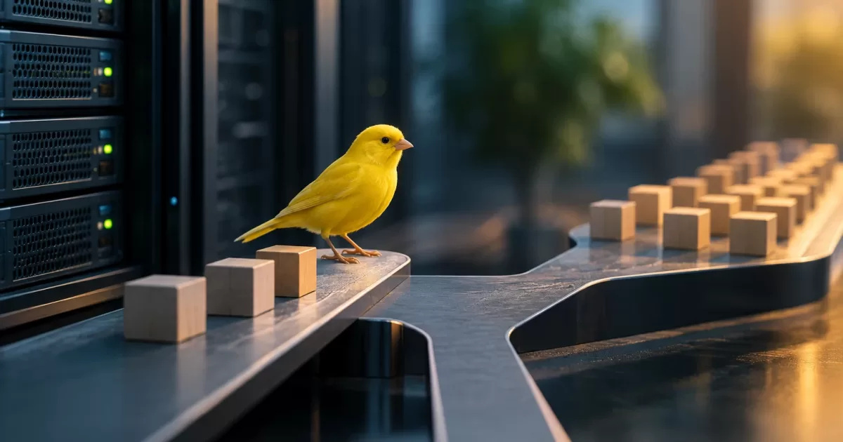 Schemat canary release w PHP przedstawiający ruch podzielony między wersję stabilną i kandydującą