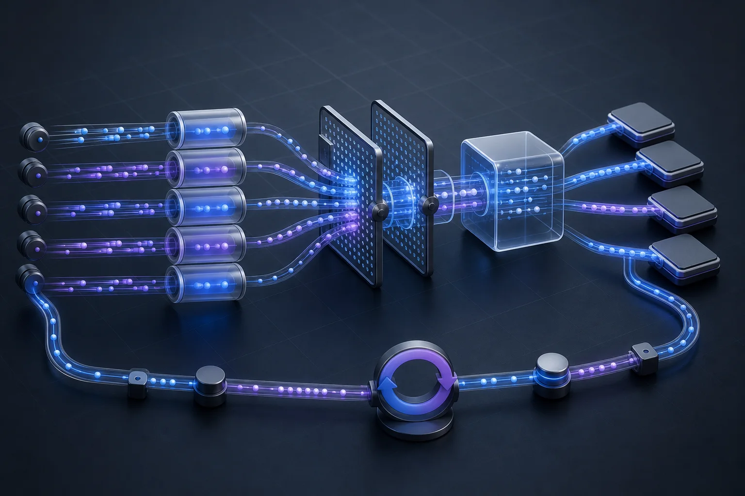 Flujo resiliente de automatización con colas, validación, reintentos, conciliación y sistemas conectados.