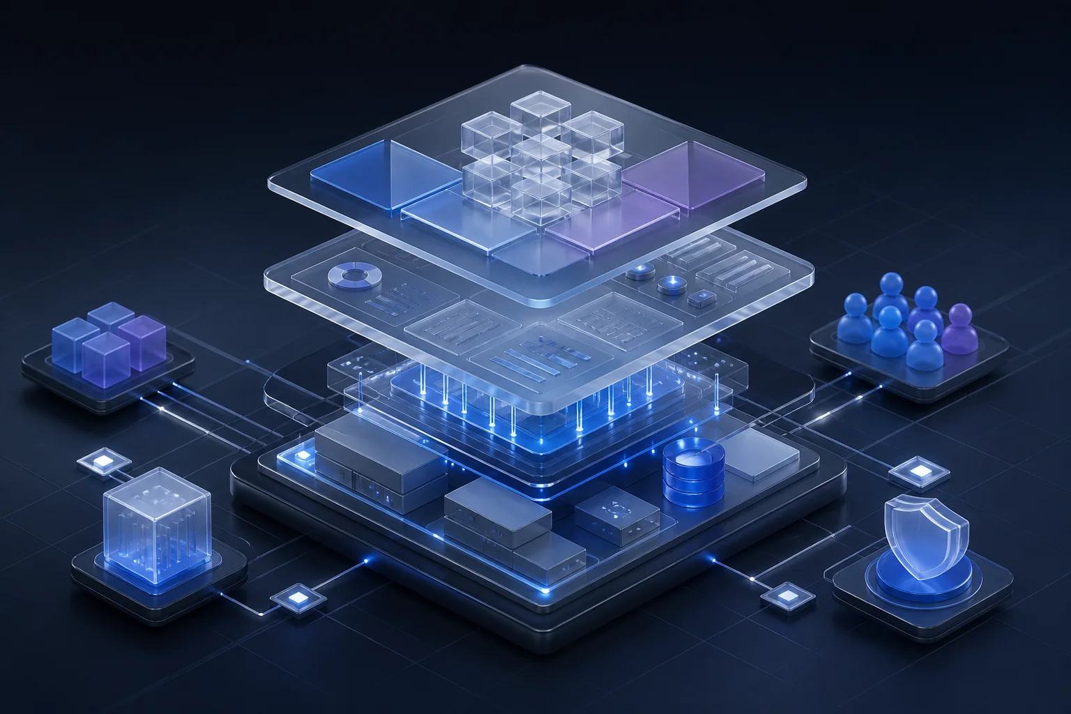 Arquitectura modular de una plataforma PHP con producto, operación, datos, permisos y seguridad conectados.